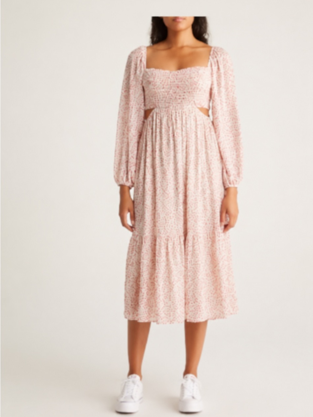 Smocked Square-Neck Midi Dress in Light Pink Floral